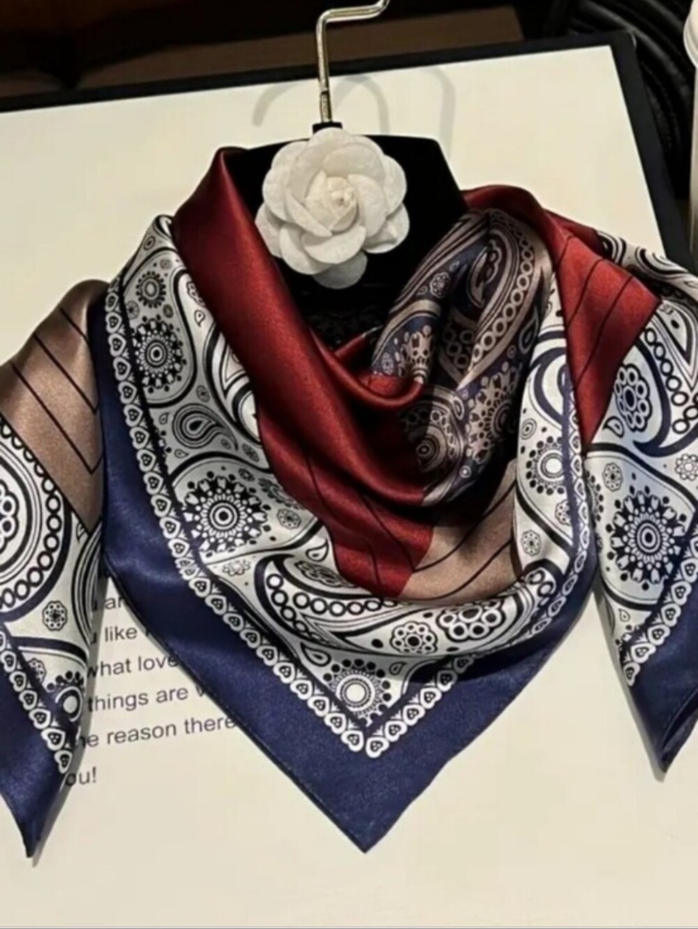 Silk-feel Paisley Bandana Scarf in Burgundy, Navy & White